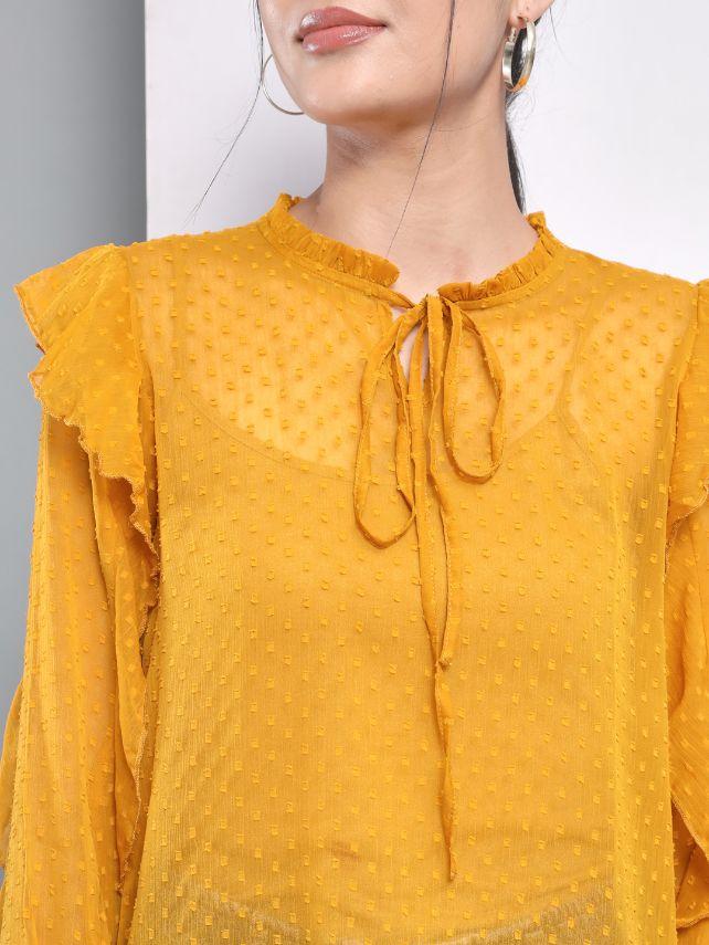 Trend Arrest Women's Polyester Yellow Dobby Ruffle Sleeve Top