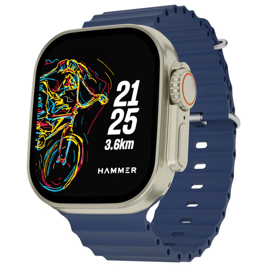 HAMMER Active 2.0 Plus 2.1" HD Display Smart Watch with Gesture Control, Bluetooth Calling, DIY Watch Face Studio, Sports Modes, Functional Crown, Dynamic Island Notification, Menstrual Cycle (Blue)