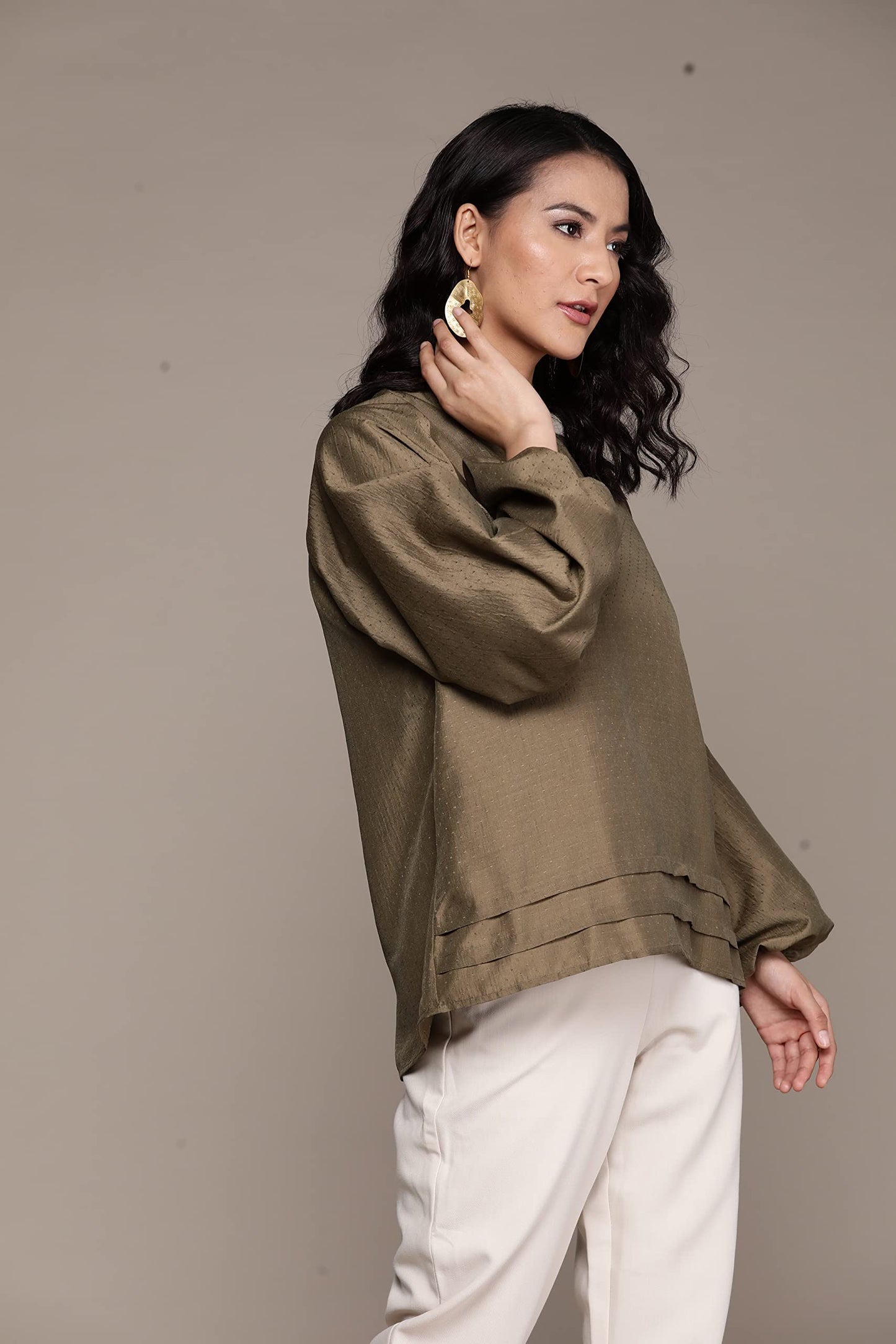 Aarke Ritu Kumar Olive Cuffed Sleeve Top