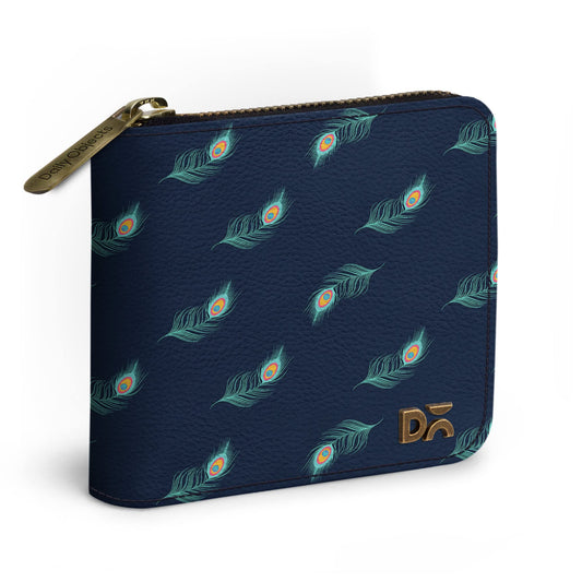 DailyObjects Navy Feathers Women's Zip Wallet | Made with Leather Material | Carefully Handcrafted | Holds up to 8 Cards | Slim and Easy to Fit in Pocket | Coin Pocket with Button Closure