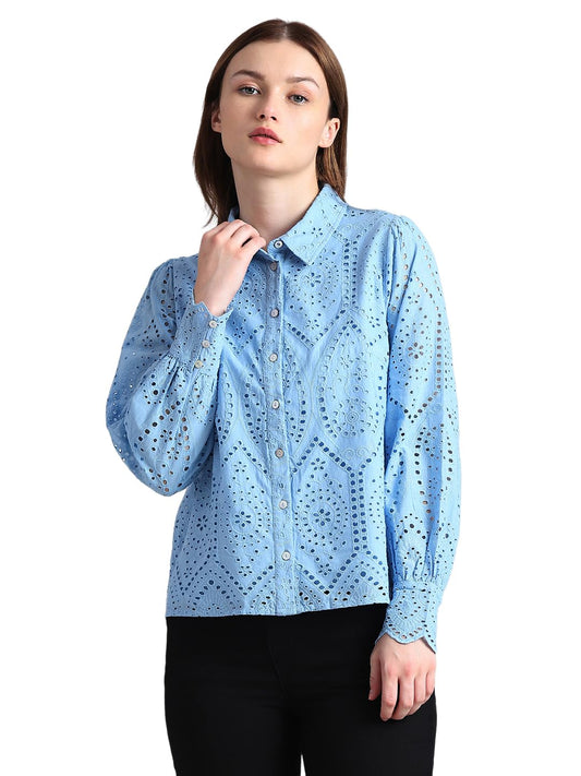 ONLY Women's Solid Regular Fit Shirt (15329004-Blue Aster_Blue