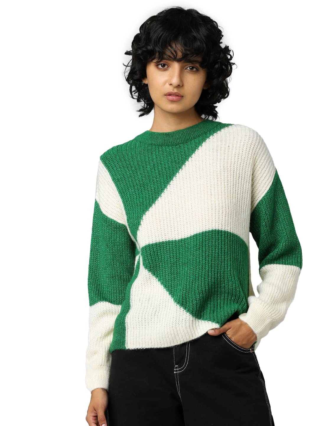 Only Women's Acrylic Blend Crew Neck Sweater (Green Bee)