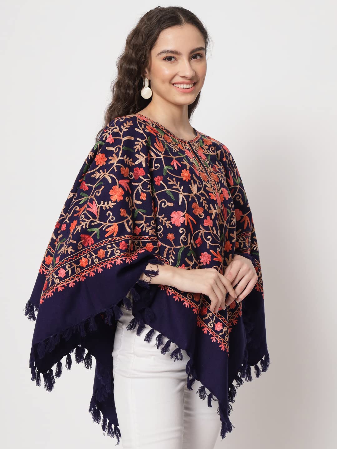 Zamour Women's Wool Poncho Shrug Top, Kashmiri Embroidery Jaal, Inner Lining (Blue)