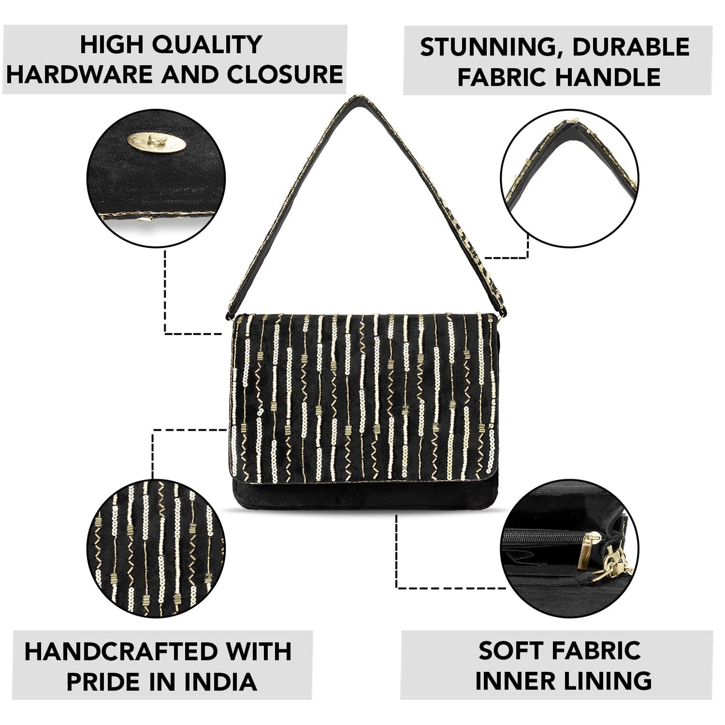 Peora Black Clutch Purses for Women Handmade Evening Handbags Bridal Clutch