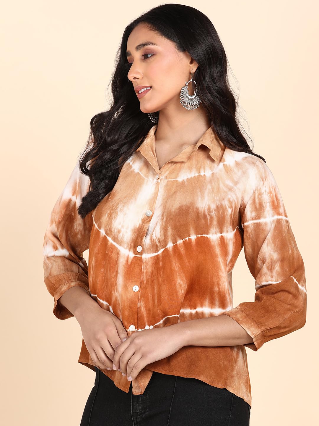 Maaesa Hand Done Shibori Dyed Rayon Shirts for Women (Mustard)