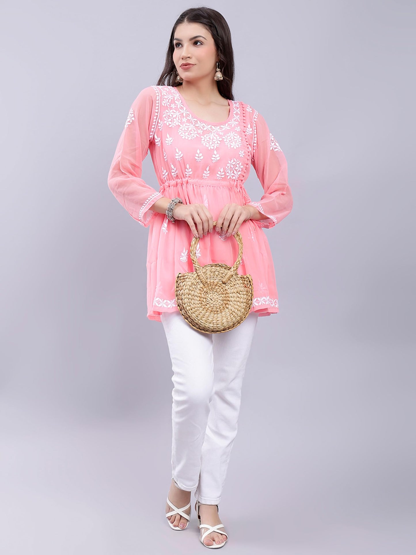 Seva Chikan Hand Embroidered Peach Georgette Lucknowi Chikankari Top with Slip (Peach)