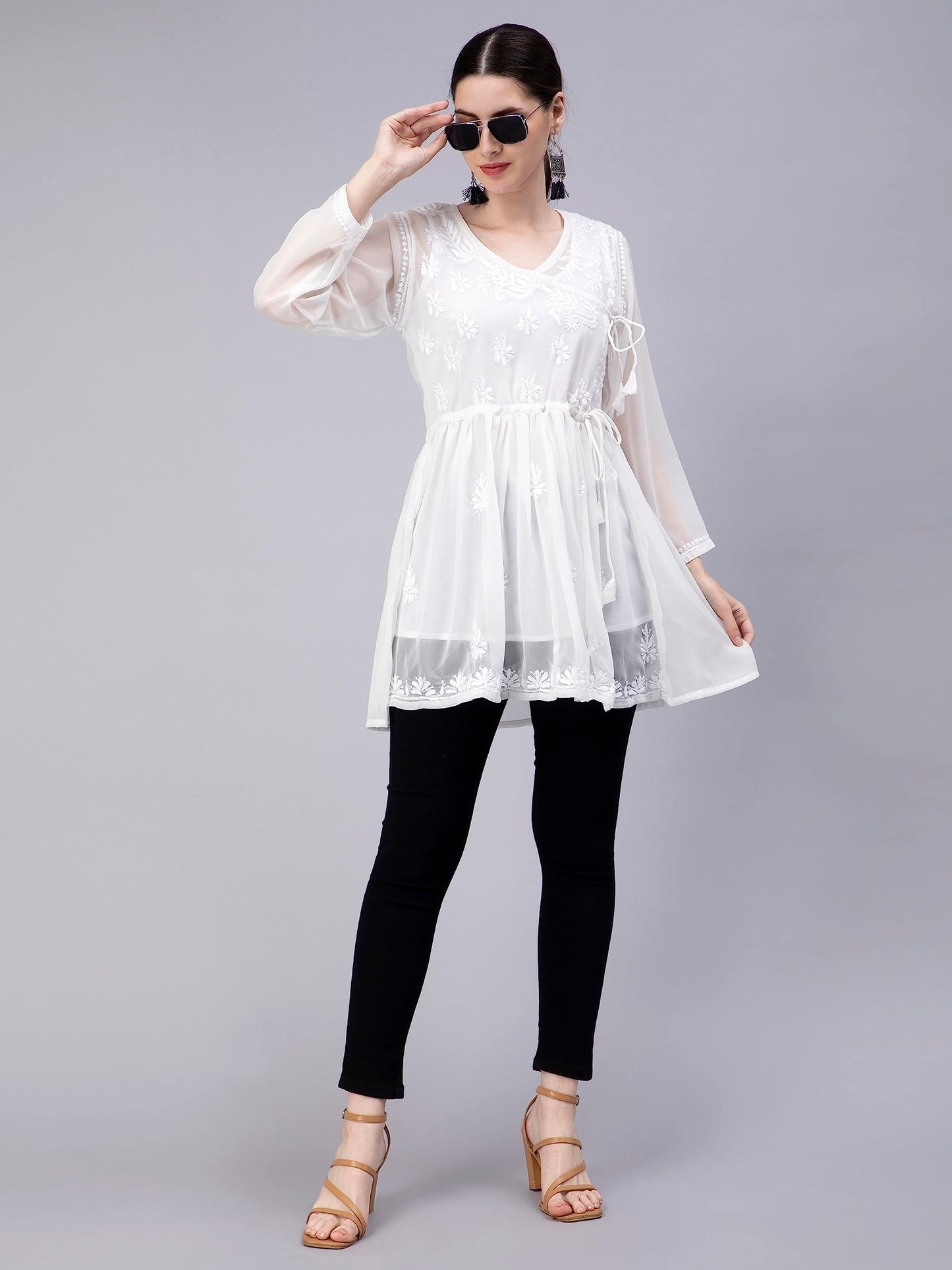 Seva Chikan Hand Embroidered Lucknowi Chikankari White Angarkha Georgette Women Short Top & Tunic with Slip (White)