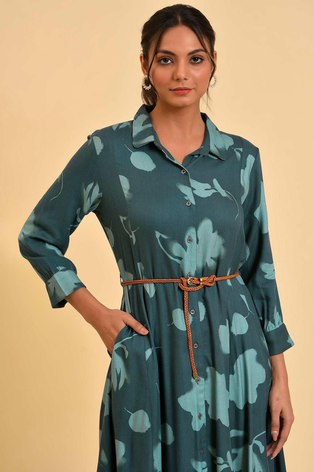 W for Woman Women's Viscose Green Floral Printed Western Dress with Belt Calf Length Teal