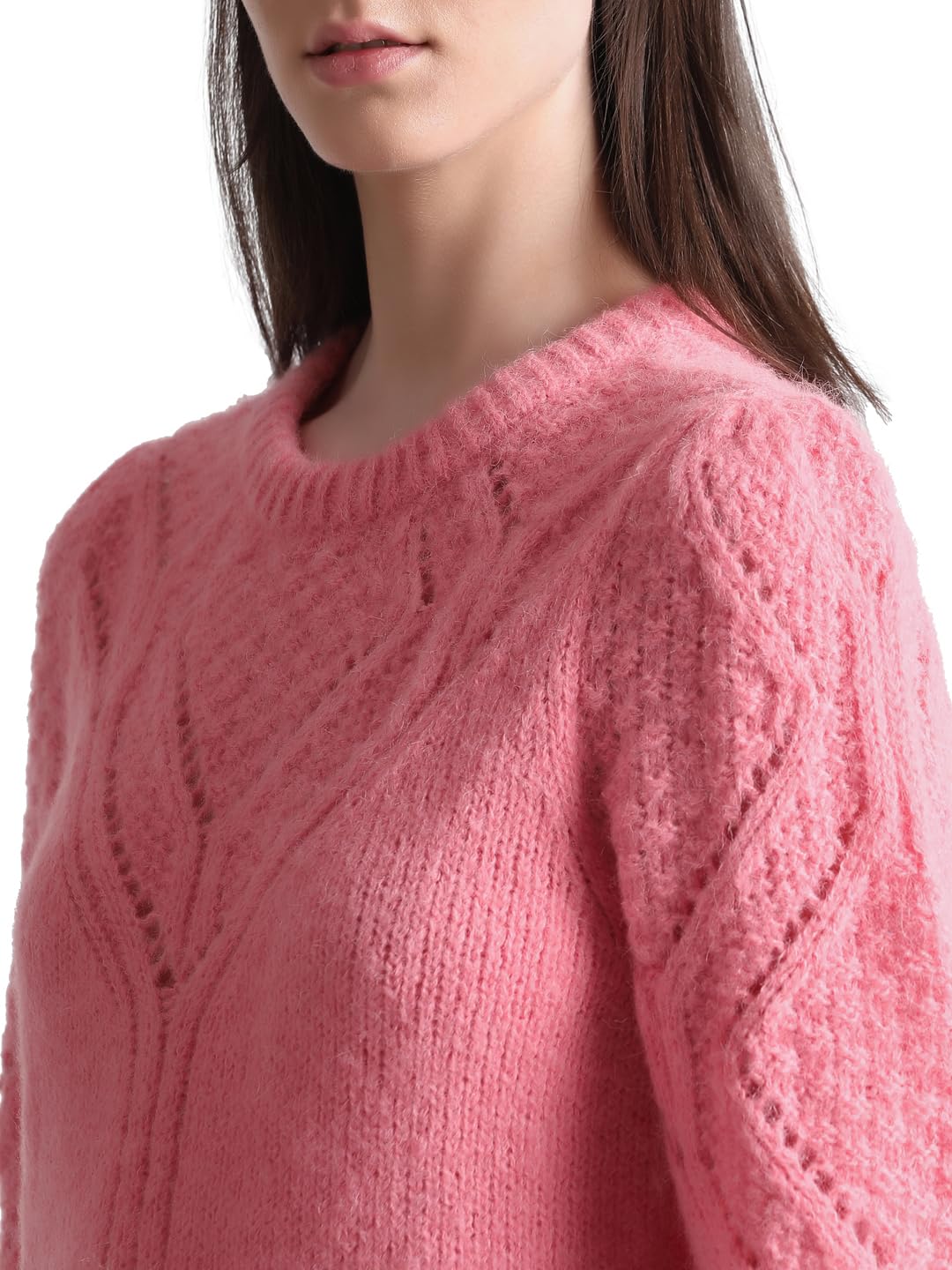 Only Women's Polyester Blend Round Neck Pink Pullover