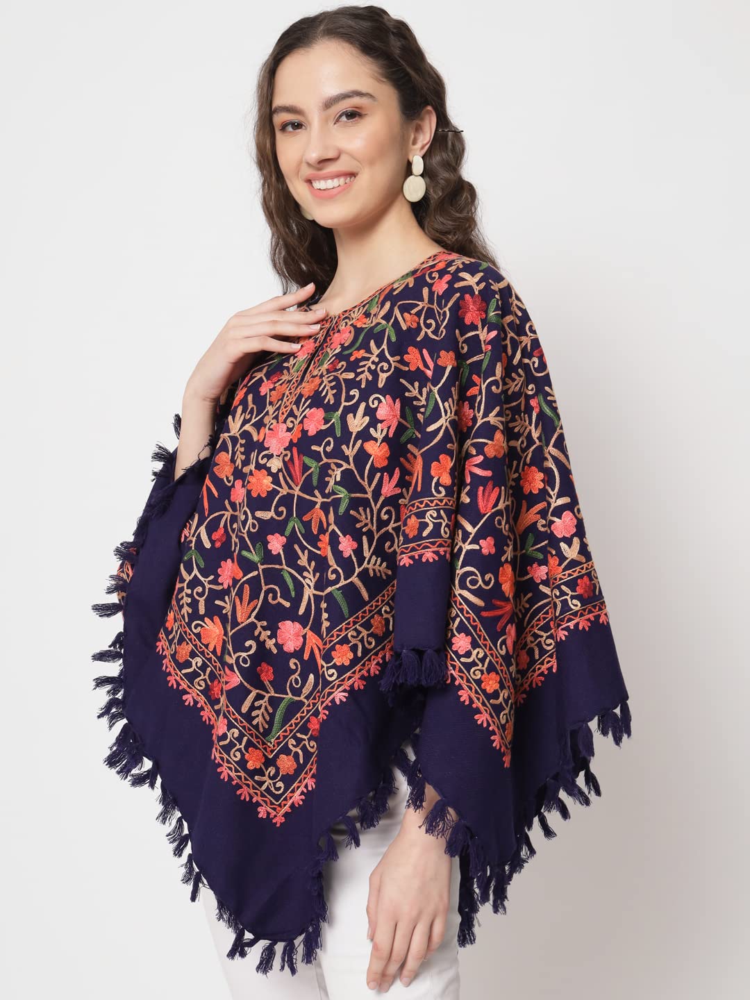 Zamour Women's Wool Poncho Shrug Top, Kashmiri Embroidery Jaal, Inner Lining (Blue)