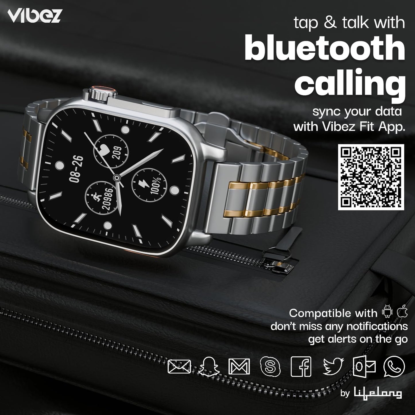 Vibez by Lifelong New Launch Smart Watch for Men -60 Day Battery 950mAH -2.02” Ultra HD Display & 900 NITS Men's Smartwatch -Stainless Steel Dial & BT Calling (Pacific, Silver-Gold)