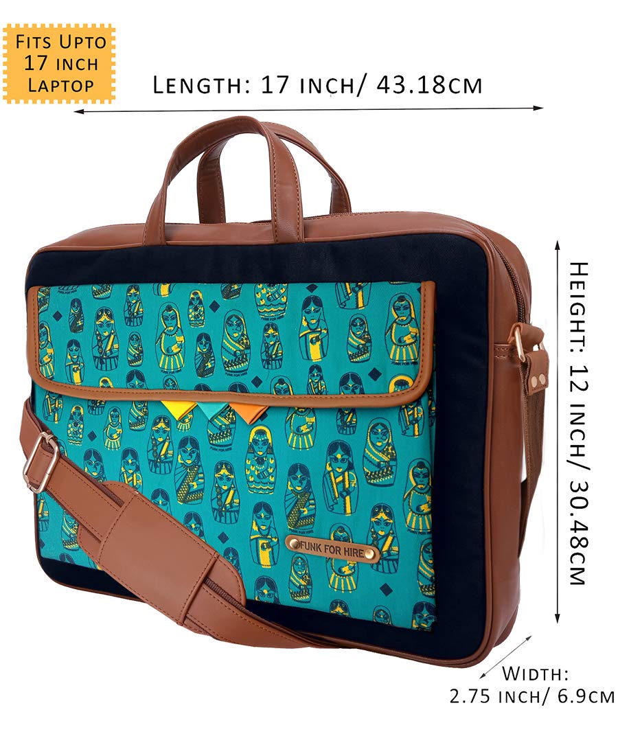 Funk For Hire Doll Printed Turquoise Pocket Navy Cotton Canvas Laptop Bag that fit up to 17" Laptop