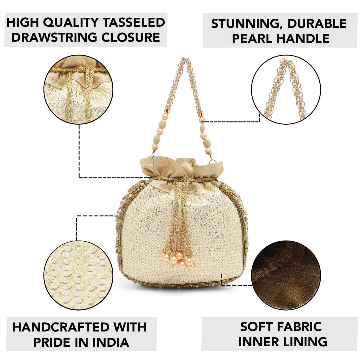 Peora White Potli Bags for Women Evening Bag Clutch Ethnic Bride Purse with Drawstring