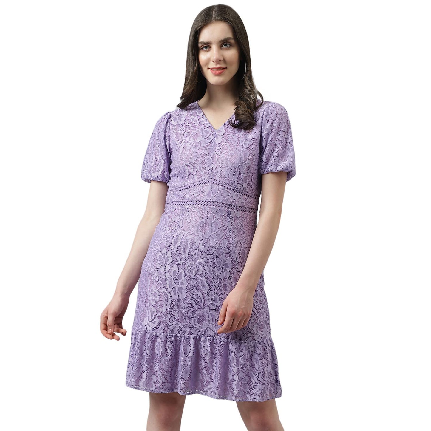 Latin Quarters Women's Lilac Self Design Lace Ruffle Dress with Puffer Sleeves