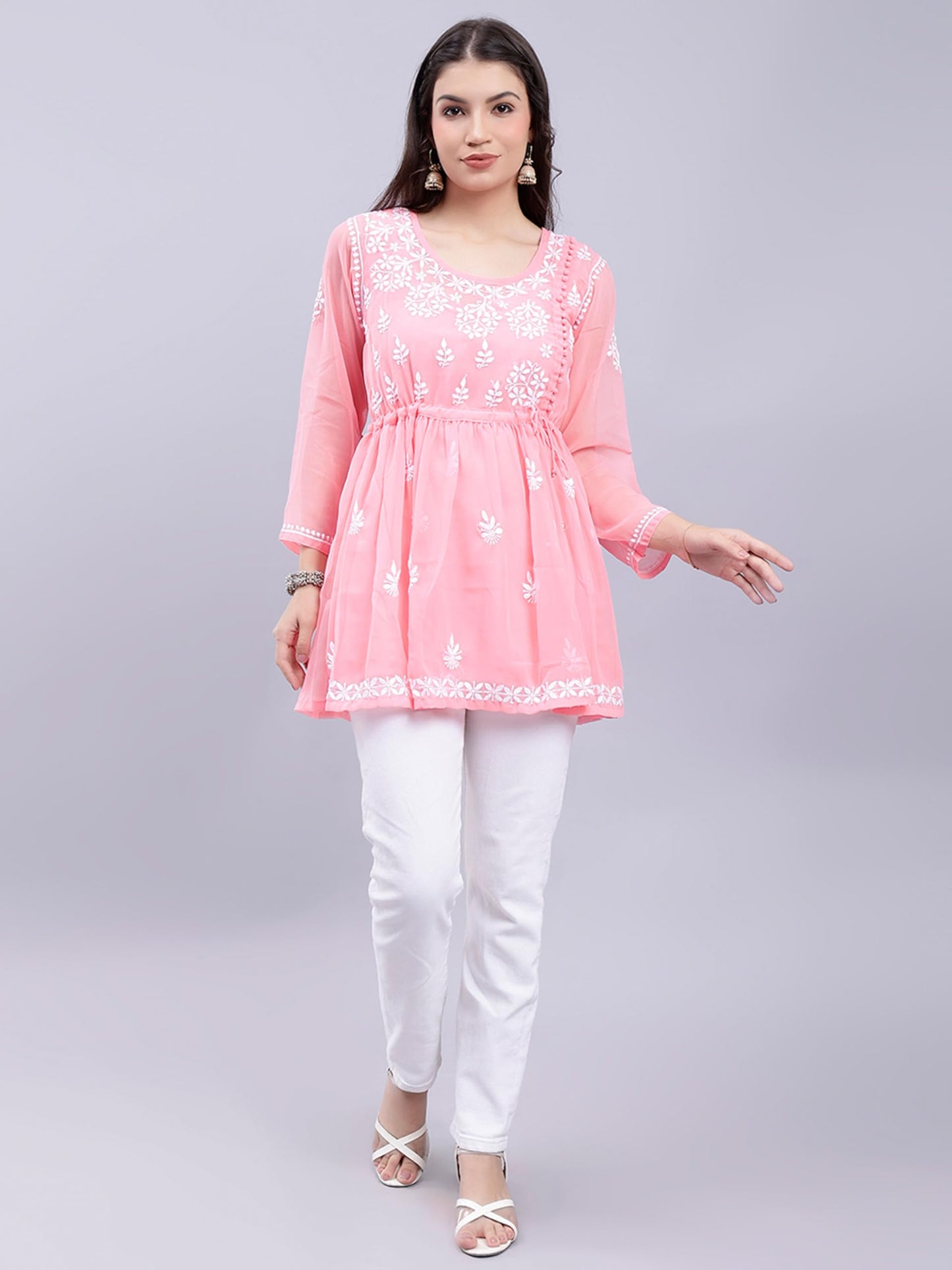 Seva Chikan Hand Embroidered Peach Georgette Lucknowi Chikankari Top with Slip (Peach)