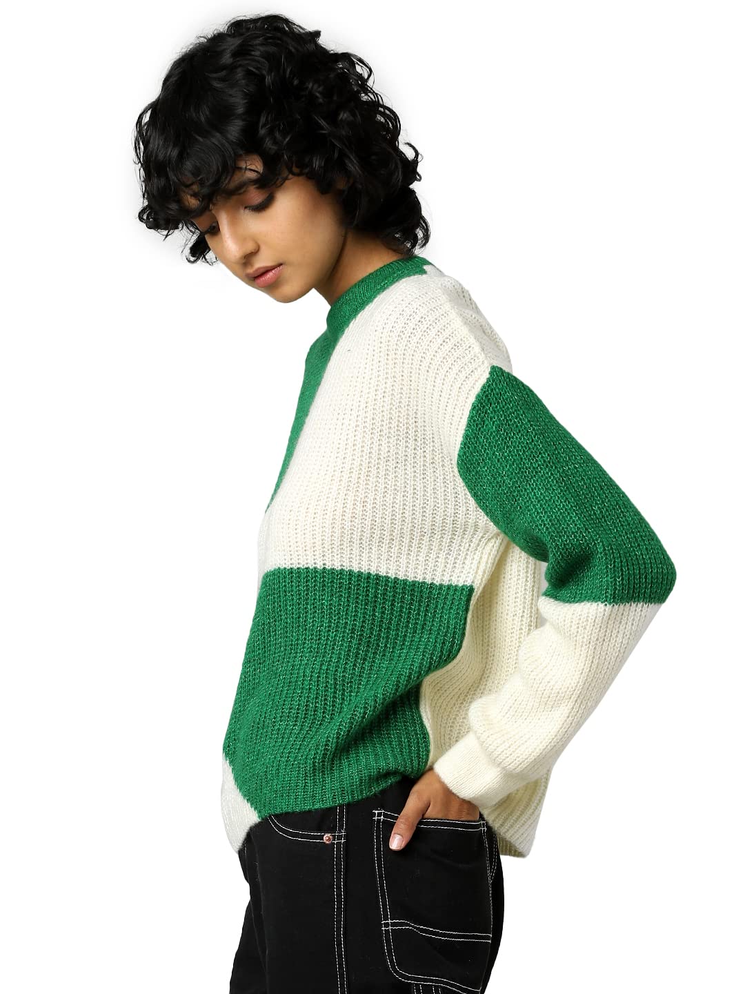 Only Women's Acrylic Blend Crew Neck Sweater (Green Bee)