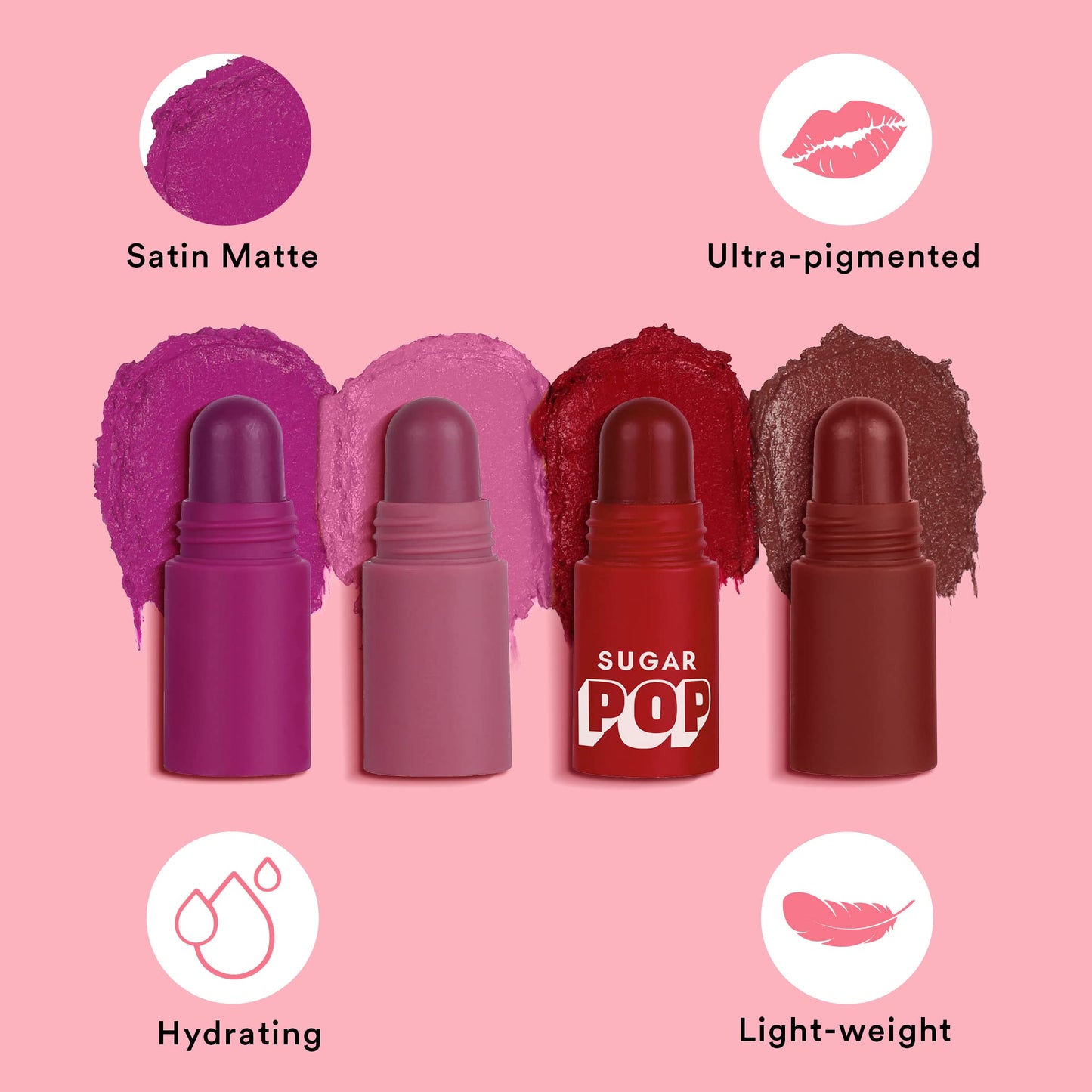 SUGAR POP 4 in 1 Lip Twist - 01 Classic | Multi-use Stackable Lipsticks for Women | Satin Matte Hydrating Formula | 6.4g