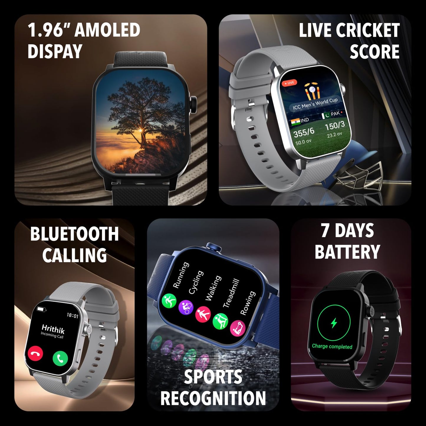 Cultsport Newly Launched Ace X 1.96" AMOLED Smartwatch, Premium Metallic Build Smartwatch, Always On Display, Bluetooth Calling, Live Cricket Score,Functional Crown(Black Silicone)