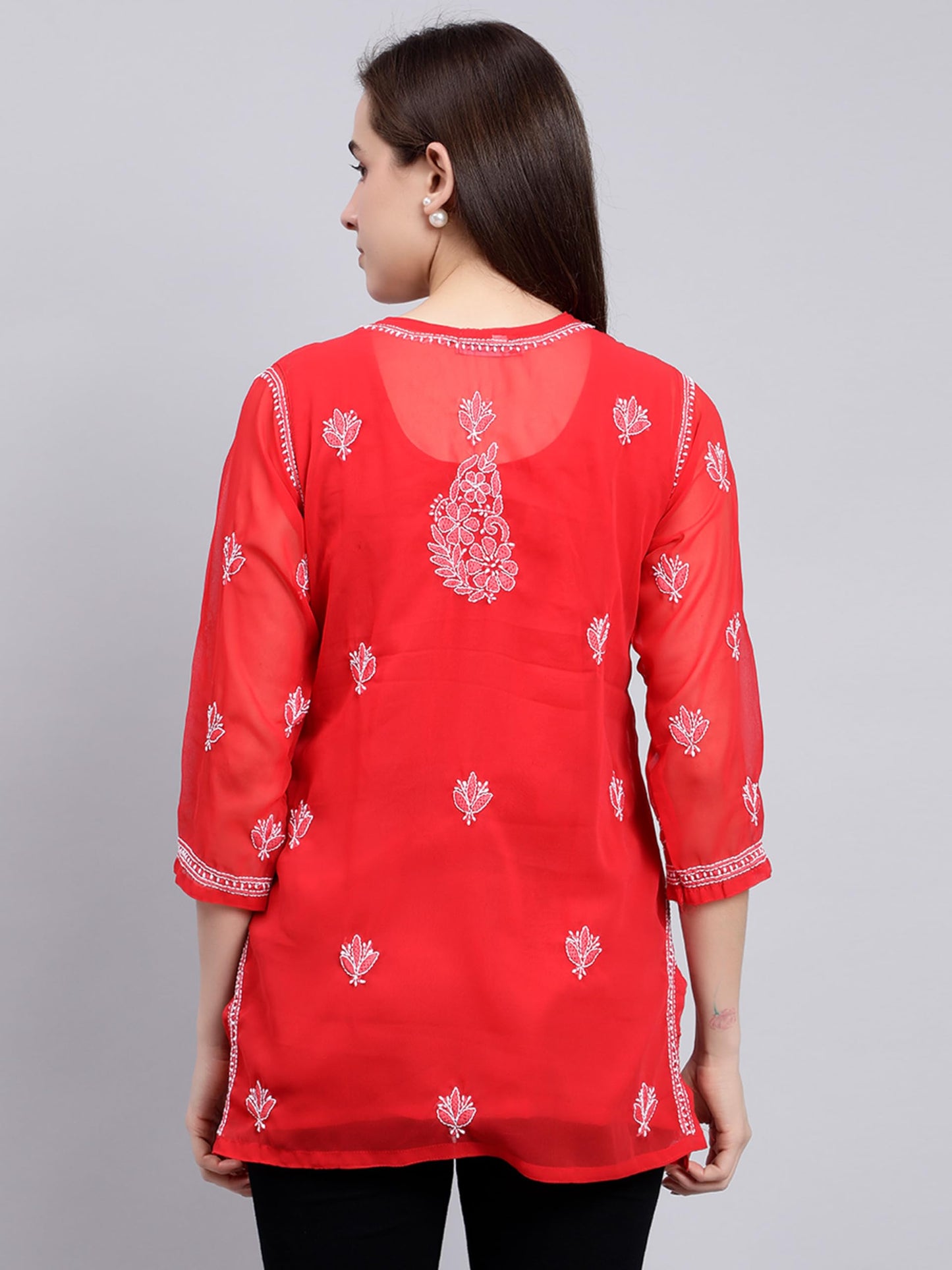 Seva Chikan Hand Embroidered Red Georgette Lucknowi Chikankari Top with Slip (Red)