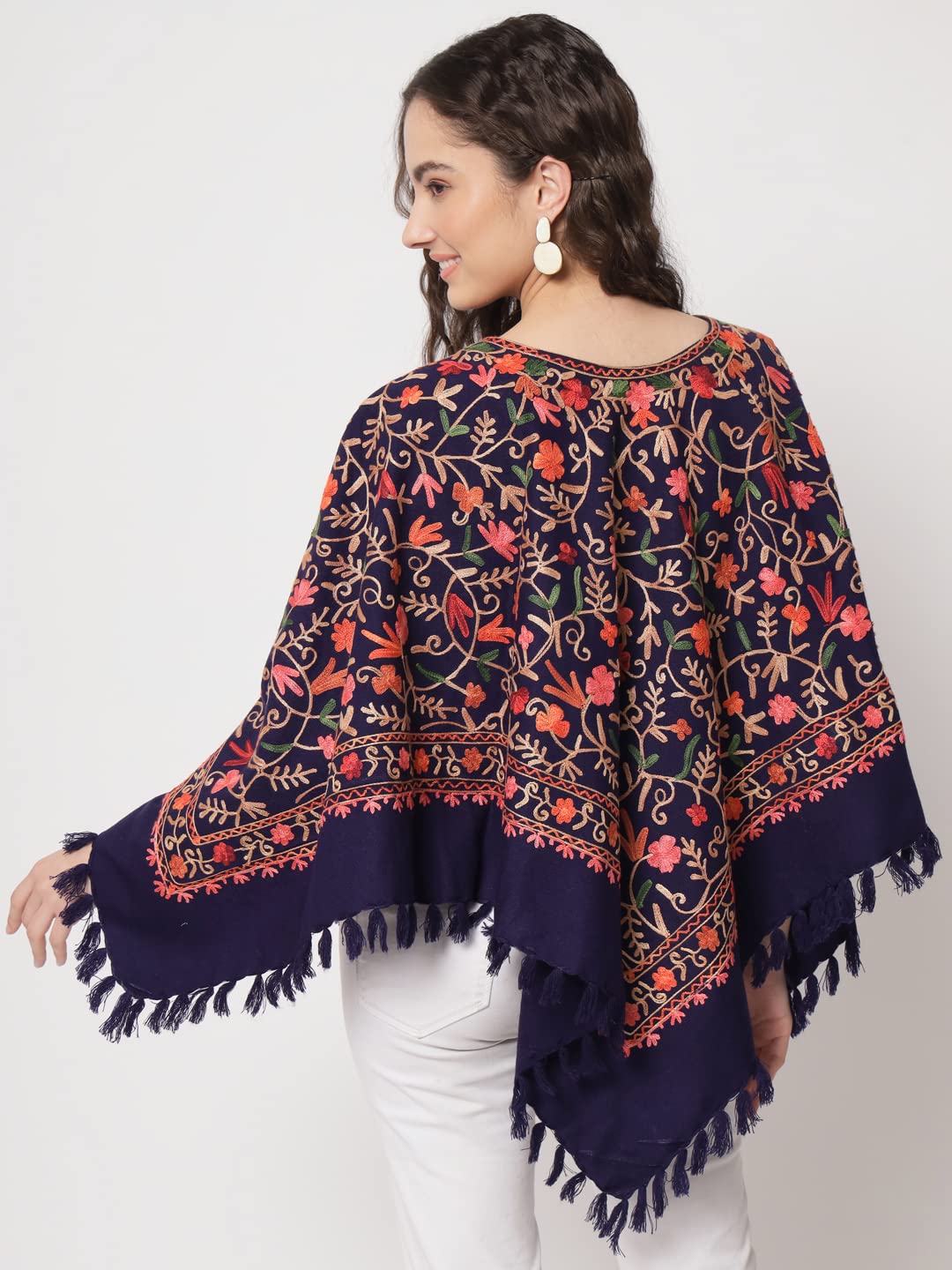 Zamour Women's Wool Poncho Shrug Top, Kashmiri Embroidery Jaal, Inner Lining (Blue)