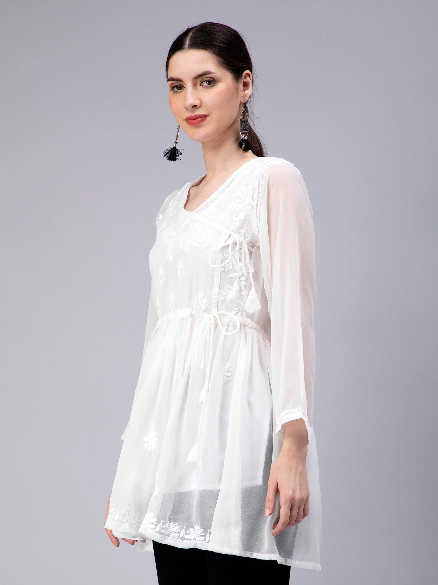 Seva Chikan Hand Embroidered Lucknowi Chikankari White Angarkha Georgette Women Short Top & Tunic with Slip (White)