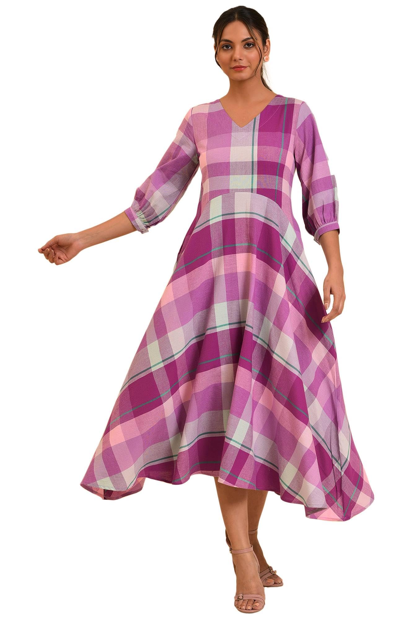 W for Woman Women's Cotton Purple Playful Free Flowing Checker Dress Calf Length Mulberry