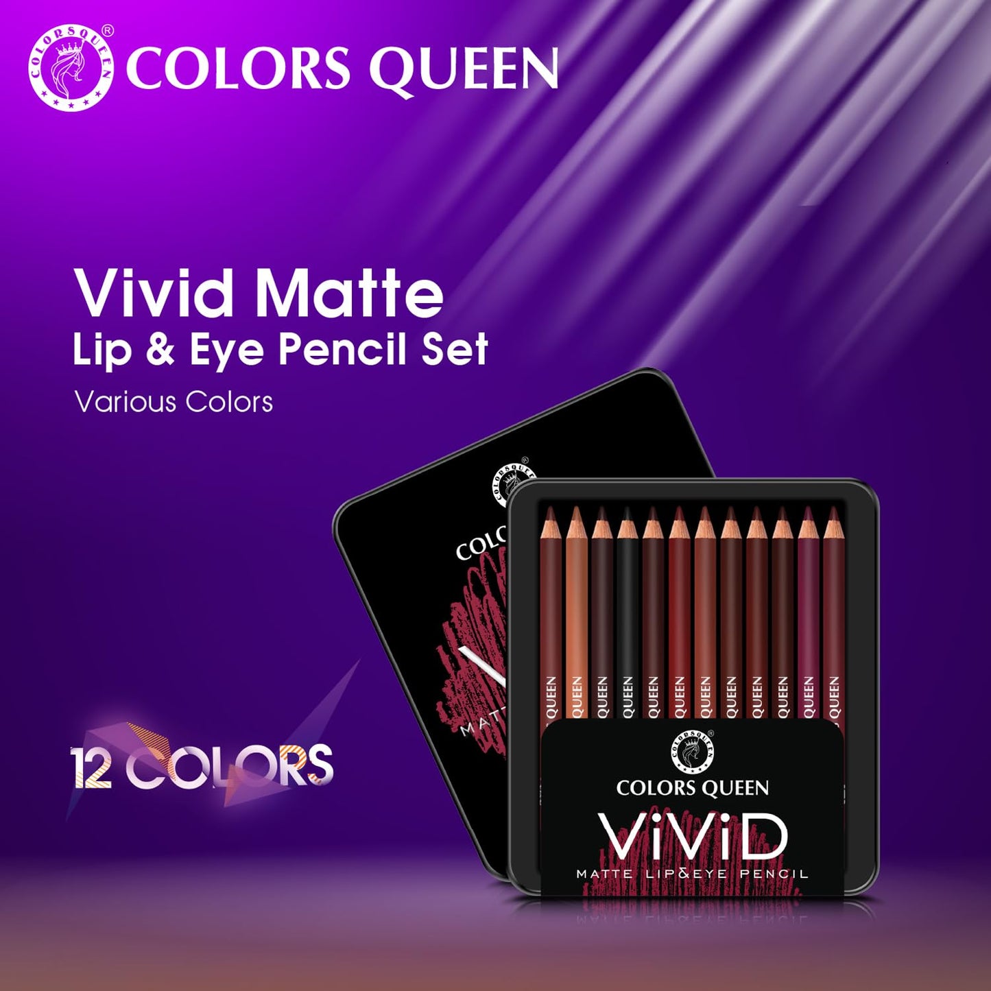 Colors Queen Vivid Matte Eye & Lip Liner Pencil Set | Long Lasting, Waterproof & Smudge Proof Lip Liner | Bold & Creamy Lip Liner Pencil Set of 12 (1.5g x12) | Multi Color A