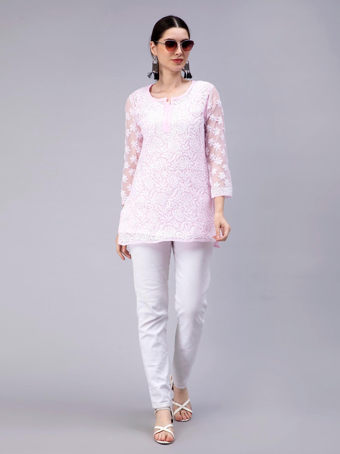 Seva Chikan Hand Embroidered Lucknowi Chikankari Pink Georgette Women Short Top & Tunic (Pink)