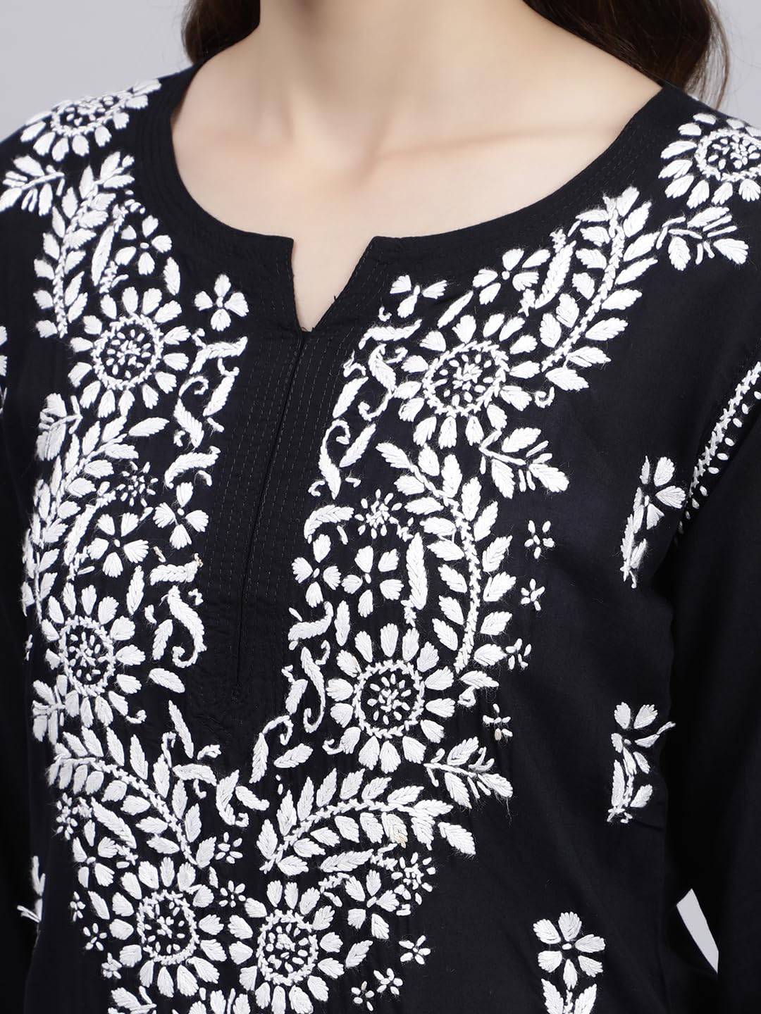 Seva Chikan Hand Embroidered Black Modal Lucknowi Chikankari Top (Black)