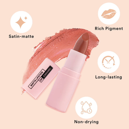 SUGAR POP Matte Lipstick - 04 Caramel (Peachy Brown) – 4.2 gm – Non-drying Formula, Long Lasting, Vegan, Paraben Free l Lipstick for Women