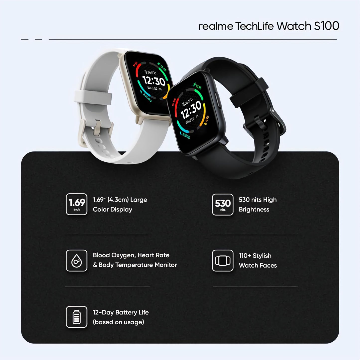 realme TechLife Watch S100 1.69 HD Display with Temperature Sensor Smartwatch (Black)