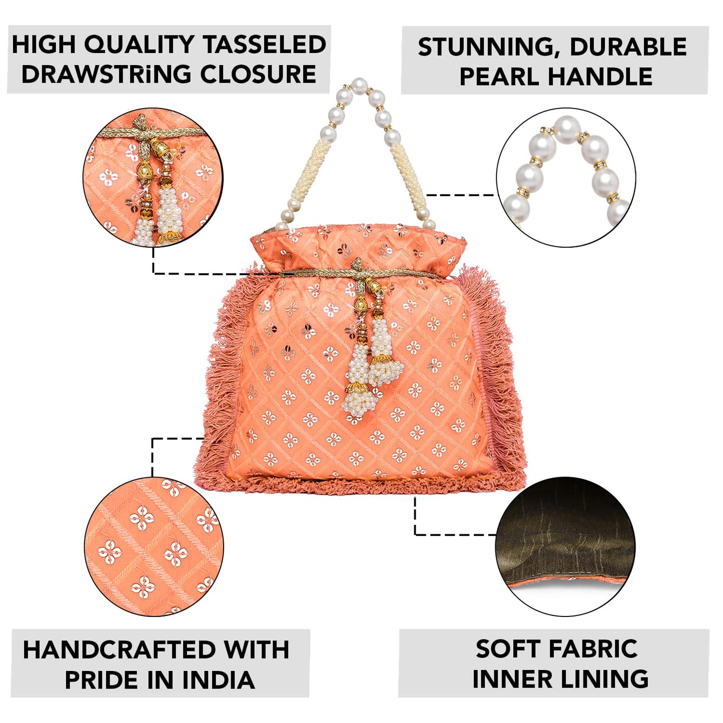 Peora Orange Potli Purses for Women Handmade Evening Handbag Stylish Bridal Fashion Wristlet Bag for Girls