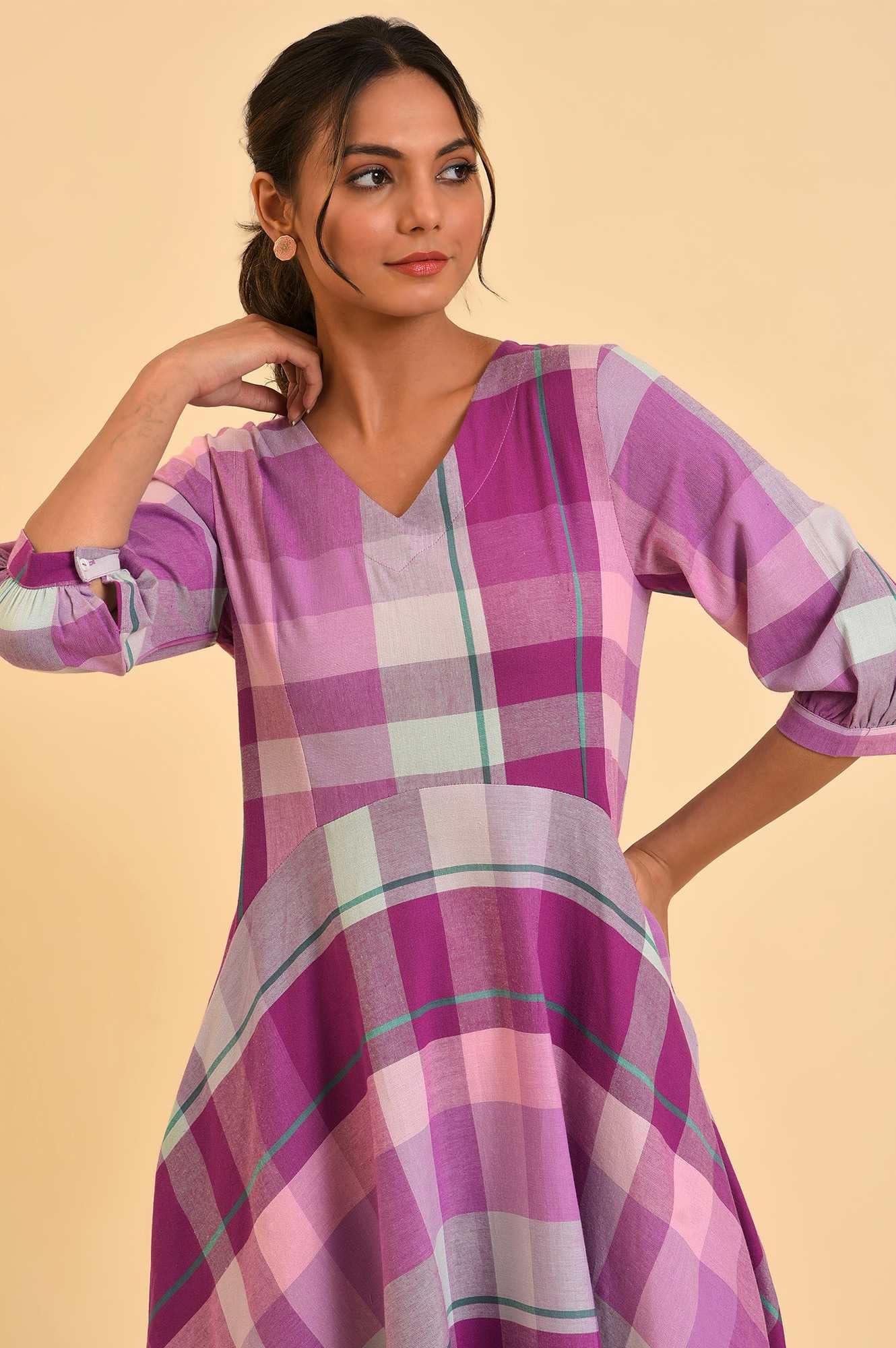 W for Woman Women's Cotton Purple Playful Free Flowing Checker Dress Calf Length Mulberry