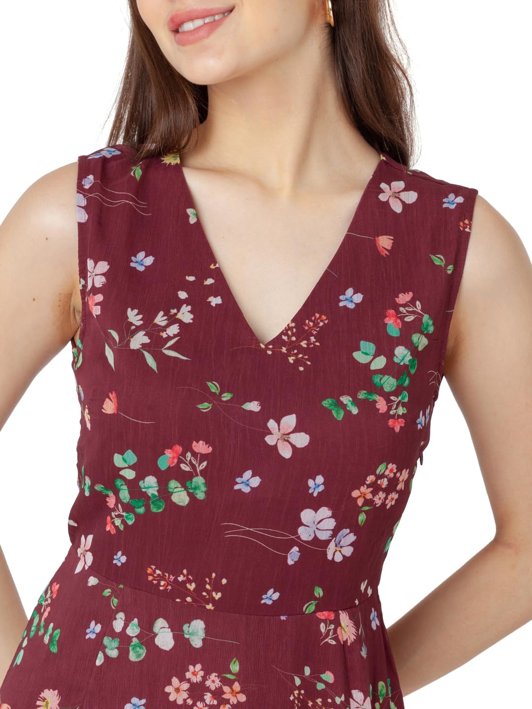 Zink London Women's Maroon Printed A-Line Midi Dress