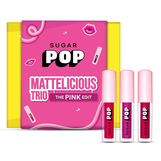 SUGAR POP Mattelicious Trio - The Pink Edit | Set of 3 Full Sized Lipsticks Pink Matte Lipcolours | Non-drying, Transfer-proof & Smudgeproof