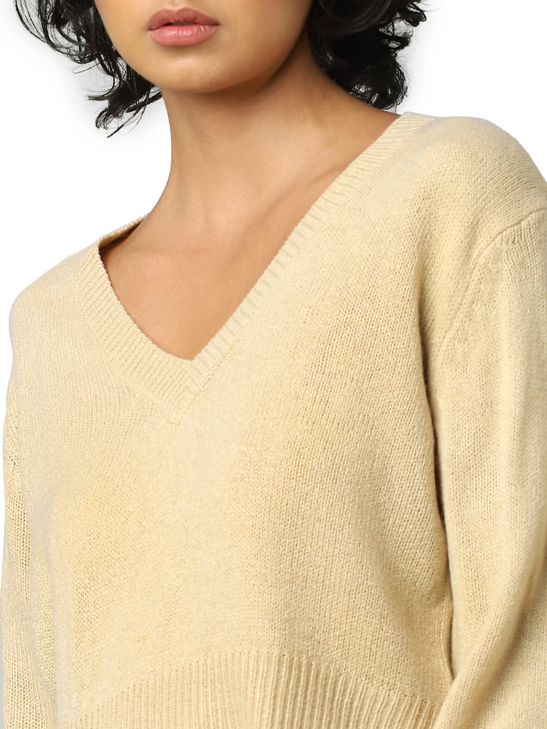 ONLY Women's Acrylic V-Neck Sweater (Warm Sand)