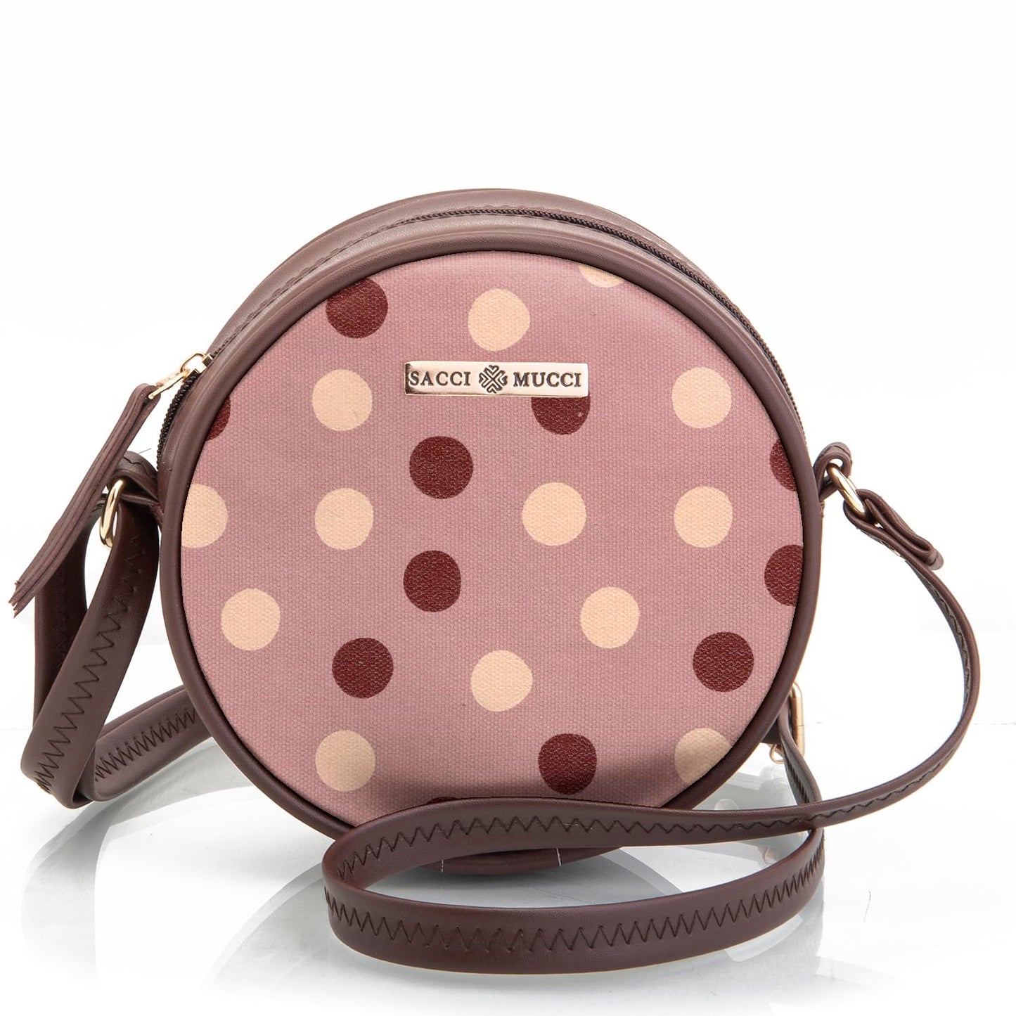 SACCI MUCCI Round Sling Bag, Printed Sling Bag For Girls, Women Sling Bag, Crossbody Bag For Women, gifts for women/Girls, Gift for her - Cute Polka (Brown)