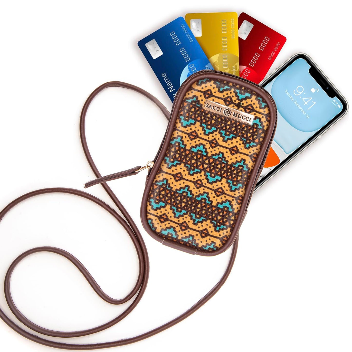 SACCI MUCCI Phone Pouch, Mobile Bag, Women's Wallet Sling Crossbody Bag for Mobile Cell Phone, Crossbody Phone Bag -EthnicTraditional Print (Brown)