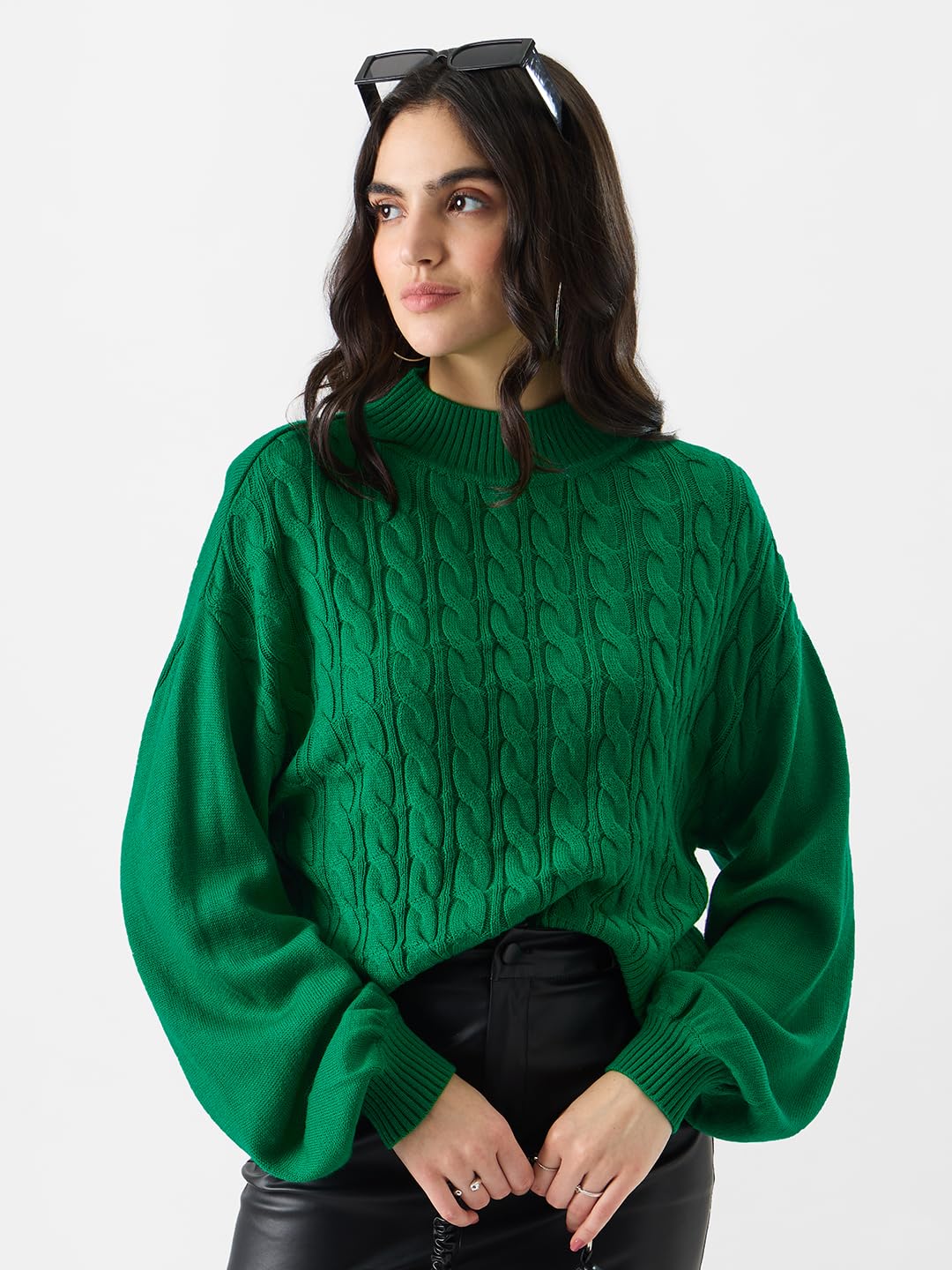 The Souled Store Solids: Kelly Green Women and Girls Long Sleeve Round Neck Oversized Fit Sweater