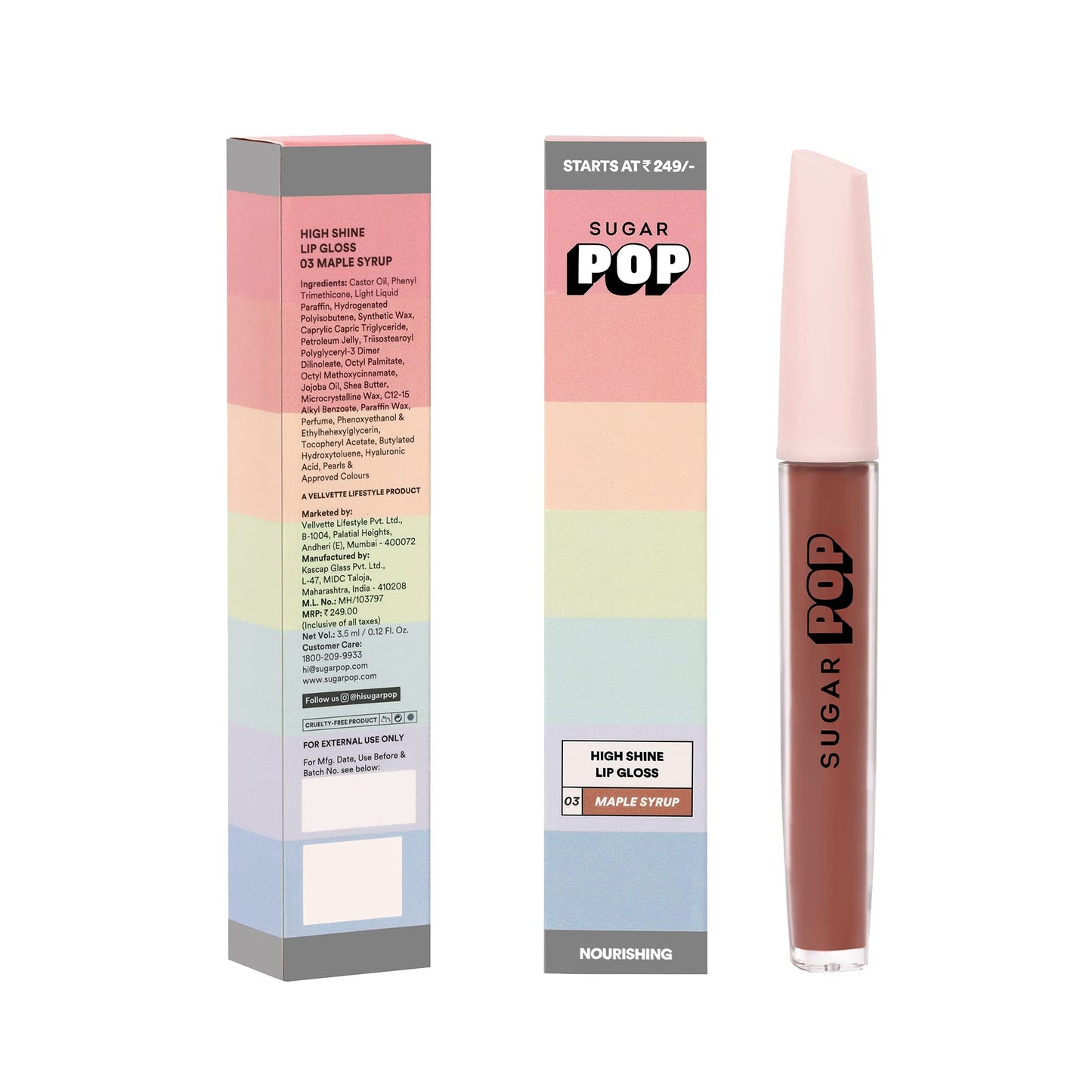 SUGAR POP High Shine Lip Gloss - 03 Maple (Nude Brown) For Soft & Dewy Lips Enriched With Vitamin E, Jojoba Oil & Shea Butter, Richly Pigmented 3.5ml