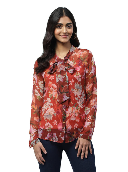 Aarke Ritu Kumar Red Floral Print Tie-Up Shirt with Camisole