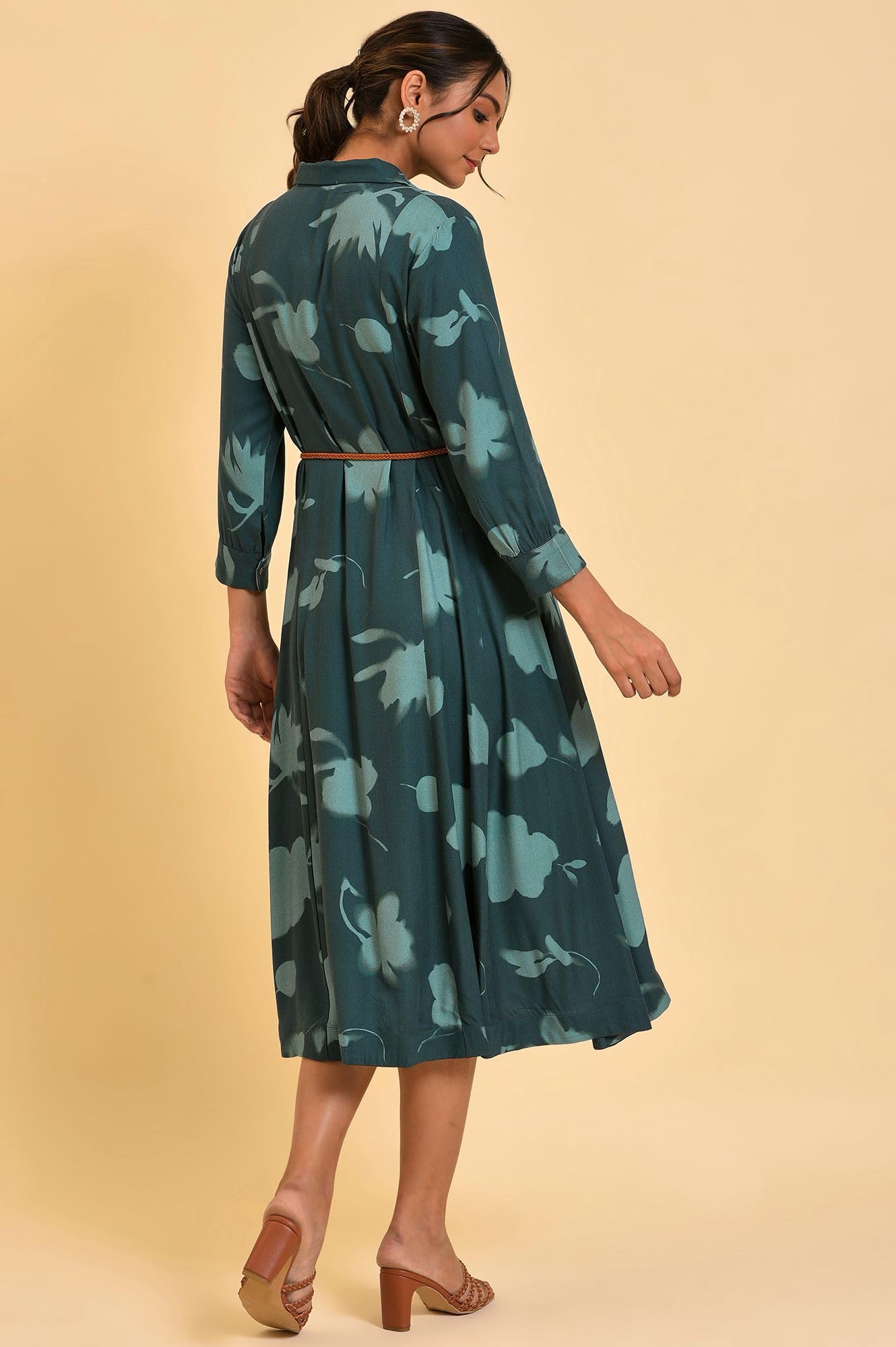 W for Woman Women's Viscose Green Floral Printed Western Dress with Belt Calf Length Teal