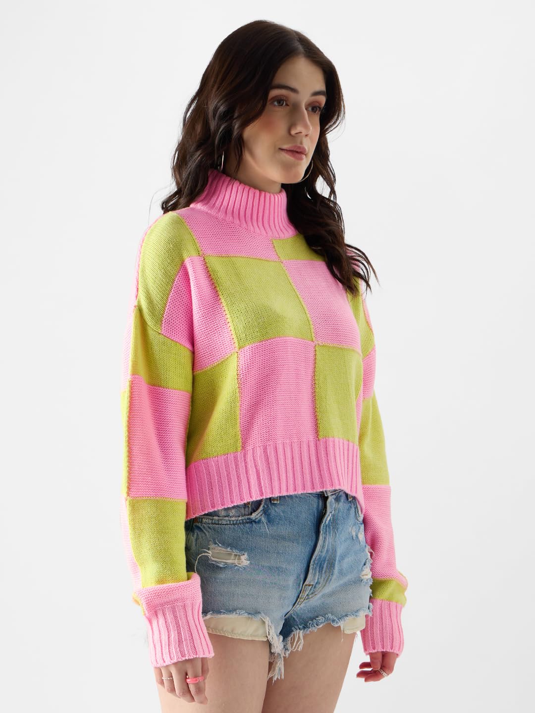 The Souled Store Colorblock: Candy Lime Women Turtle Neck Sweaters