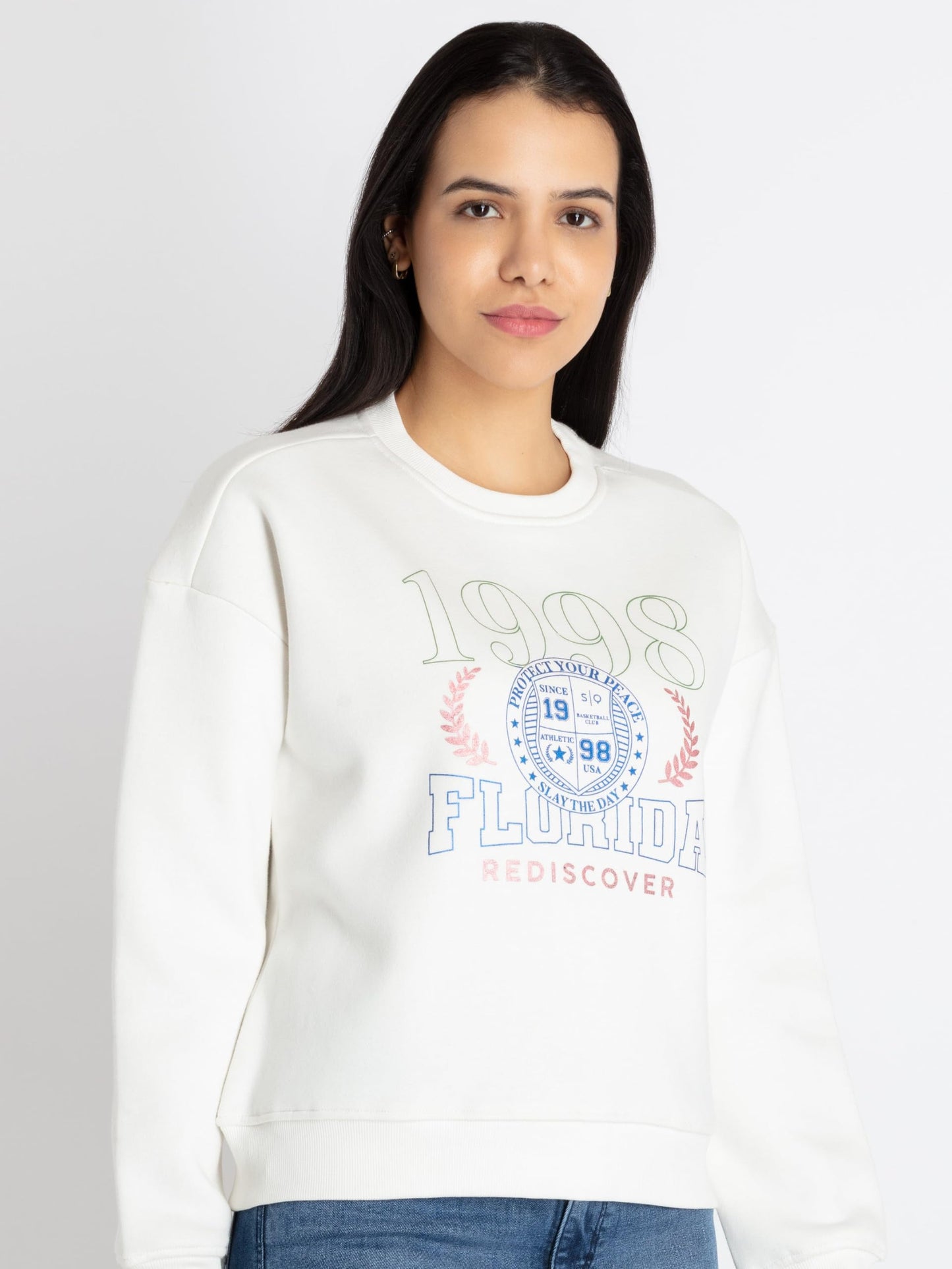 Status Quo Womens Printed Round Neck Sweatshirt Off White