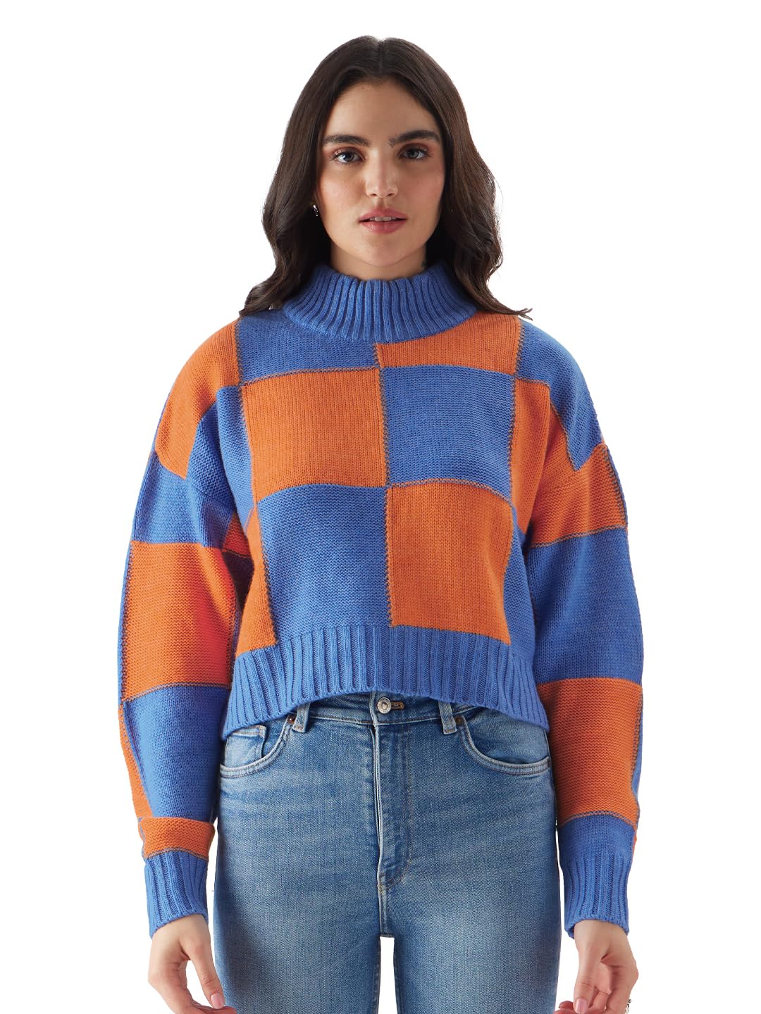 The Souled Store Solids: Blue, Orange (Colourblock) Women Turtle Neck Sweaters