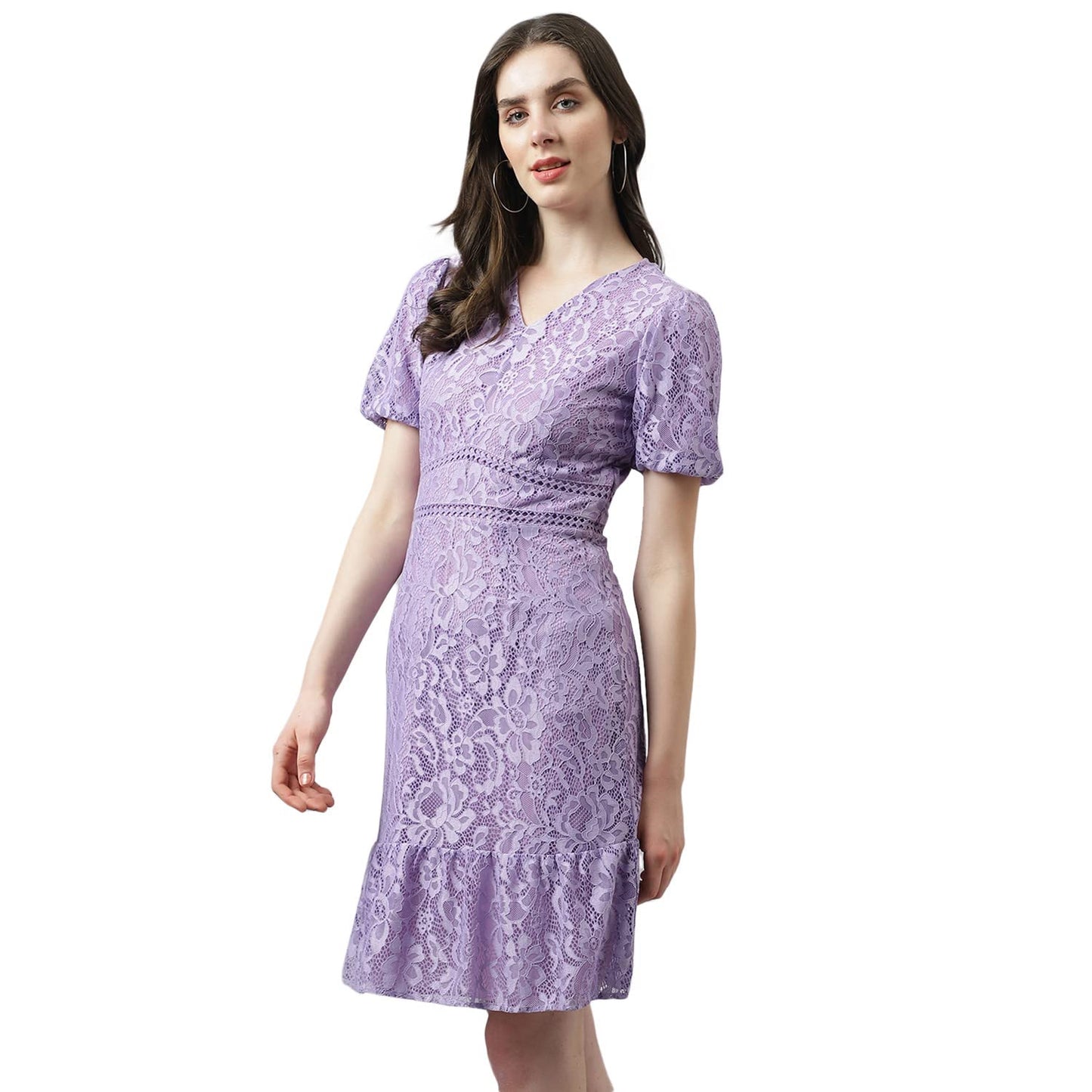 Latin Quarters Women's Lilac Self Design Lace Ruffle Dress with Puffer Sleeves