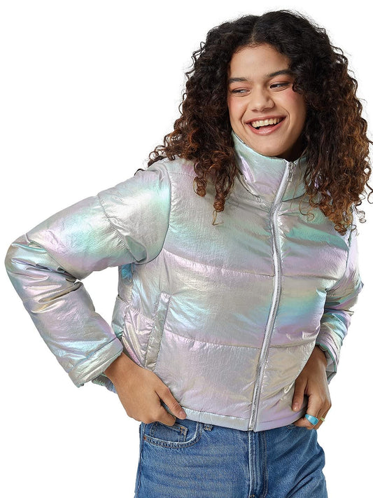 The Souled Store Solids: Shiny Metal Women and Girls T-Shirts Regular fit Solid Full Sleeve 60% Cotton 40% Polyester Beige Color Women Puffer Jackets