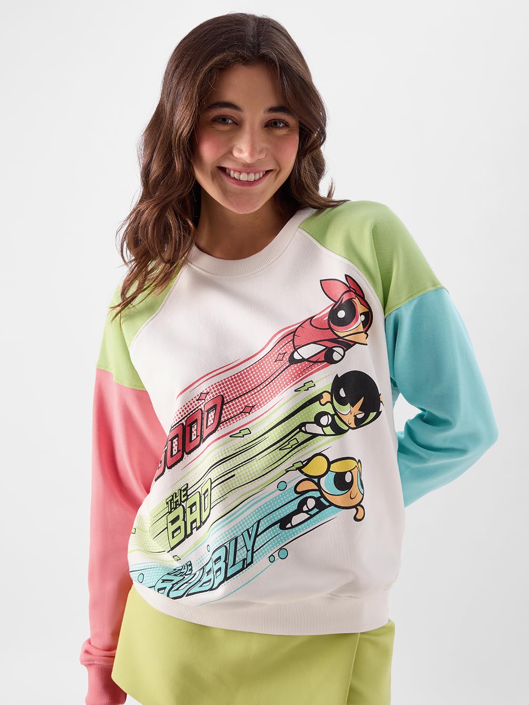 The Souled Store Official Powerpuff Girls: Good, Bad & Bubbly Women Oversized Sweatshirts Sweatshirts Hoodies Pullovers Crewneck Hooded Zip-Up Graphic Printed Solid Color Block Sportswear Casual