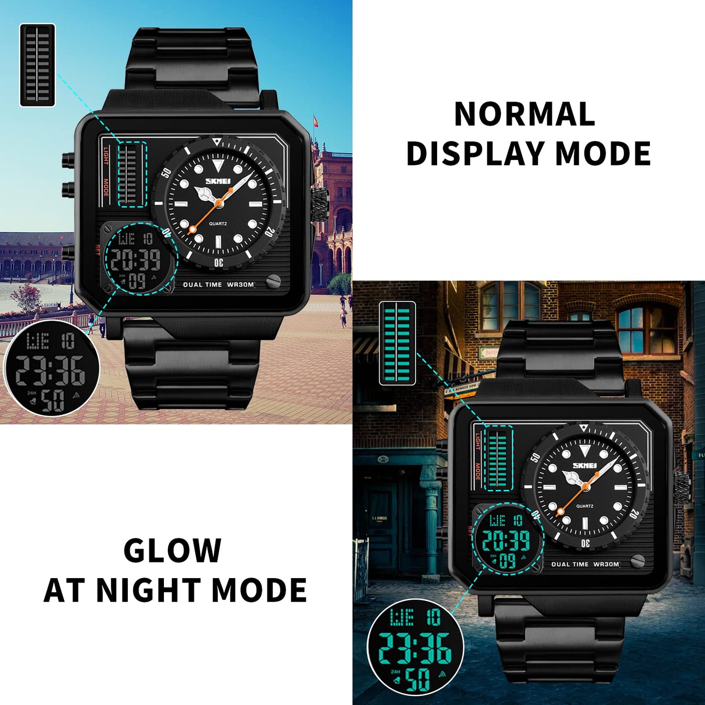 SKMEI Men Watch for Men, LED Square Large Face Analog Quartz Wrist Watch for Men with Multi-Time Zone Waterproof Stopwatch