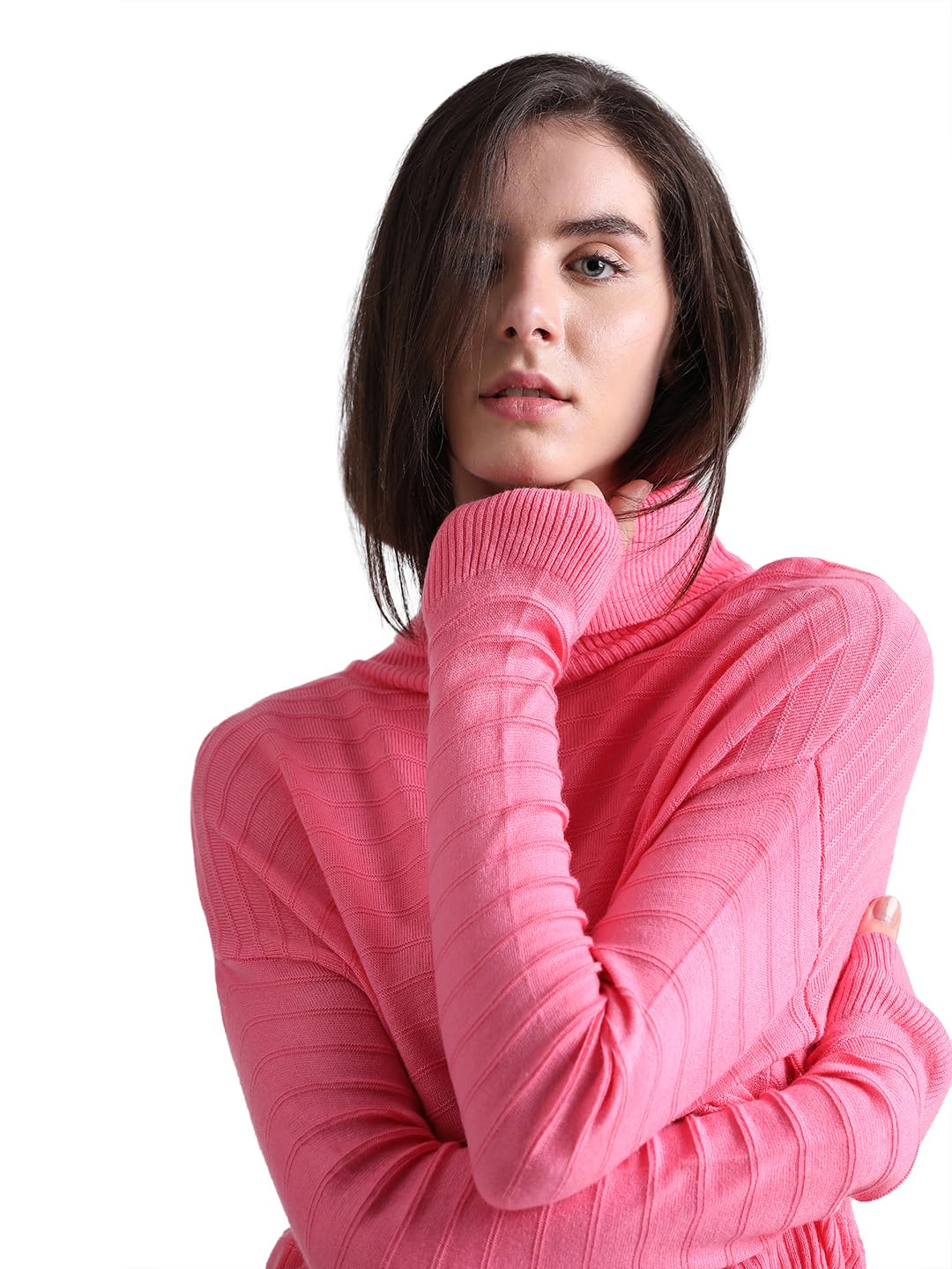 Only Women's Acrylic Turtle Neck Pink Pullover